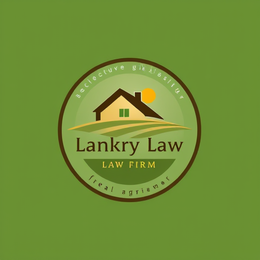 Professional logo design. circle logo, with house farm and field, Law firm, write "lankry law" focus on agriculture and real estate market. colors green, brown and yellow. warm colors.