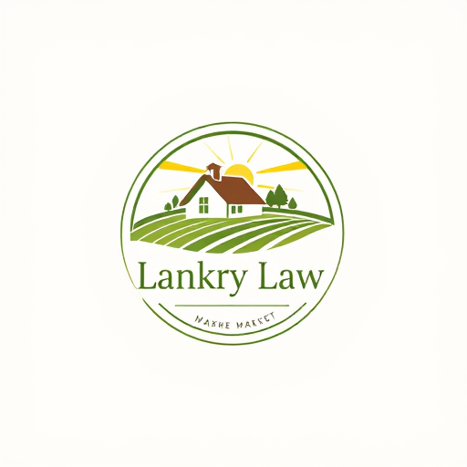 Professional logo design. circle logo, with house farm and field, Law firm, write "lankry law" focus on agriculture and real estate market. colors green, brown and yellow. warm colors.