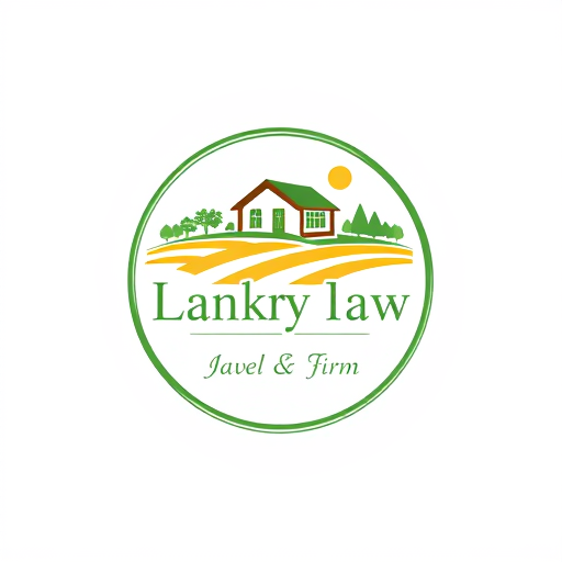 Professional logo design. circle logo, with house farm and field, Law firm, write "lankry law" focus on agriculture and real estate market. colors green, brown and yellow. warm colors.