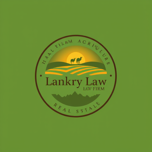 Professional logo design. circle logo, with farm and field, Law firm, write "lankry law" focus on agriculture and real estate market. colors green, brown and yellow. warm colors.