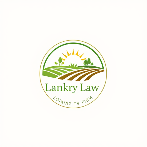 Professional logo design. circle logo, with farm and field, Law firm, write "lankry law" focus on agriculture and real estate market. colors green, brown and yellow. warm colors.