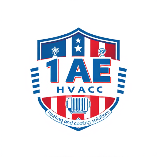 Professional logo design. A shield-shaped emblem with the text "1 AE HVAC" in bold, blue letters. Below the text is the tagline "heating and cooling solutions". The background of the shield is red, white, and blue, representing the USA flag. There are graphical elements related to heating and cooling, such as a radiator and a fan. The overall logo has a vintage feel.