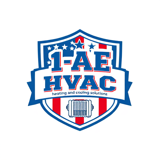 Professional logo design. A shield-shaped emblem with the text "1 AE HVAC" in bold, blue letters. Below the text is the tagline "heating and cooling solutions". The background of the shield is red, white, and blue, representing the USA flag. There are graphical elements related to heating and cooling, such as a radiator and a fan. The overall logo has a vintage feel.