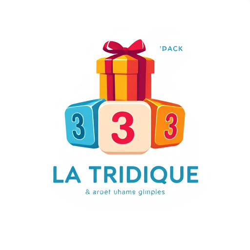 Professional logo design. Create a logo that contains 3 dices of similar colors with the number 3 3 and 3 plus a GIFT PACK on the top for a community called "LA TRIBU LUDIQUE" which aims to unite and bring together creators of board games in order to positively change the world on its scale.