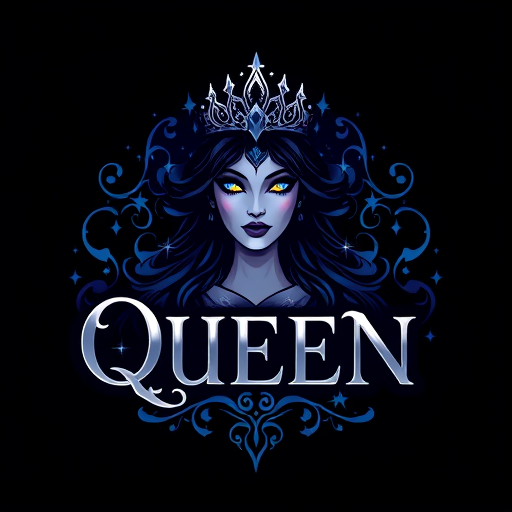 Professional logo design. Character logo for a mythical queen of the night: a regal, dark-haired woman with glowing eyes and a starry crown, deep blues, purples, and silver, elegant serif font. Design with an Art Nouveau influence and a mystical, ethereal style direction, featuring intricate linework and subtle glow effects, on a dark, star-filled background.