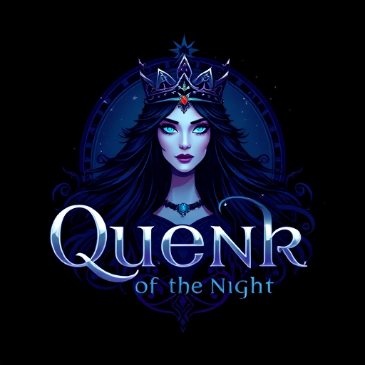 Professional logo design. Character logo for a mythical queen of the night: a regal, dark-haired woman with glowing eyes and a starry crown, deep blues, purples, and silver, elegant serif font. Design with an Art Nouveau influence and a mystical, ethereal style direction, featuring intricate linework and subtle glow effects, on a dark, star-filled background.