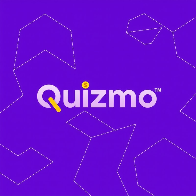 Design a modern and vibrant logo for a trivia game called ‘Quizmo.’ The logo prominently features the word ‘Quizmo’ in a bold and clean Clash Grotesk typeface. The color palette includes a purple gradient as the base, complemented by gold and yellow accents to symbolize rewards and prizes. Integrate a creative combination of a question mark with elements like a dollar sign or a stack of cash. The design should convey excitement, competition, and success, with a minimalist and professional aesthetic that highlights the reward-driven nature of the game.