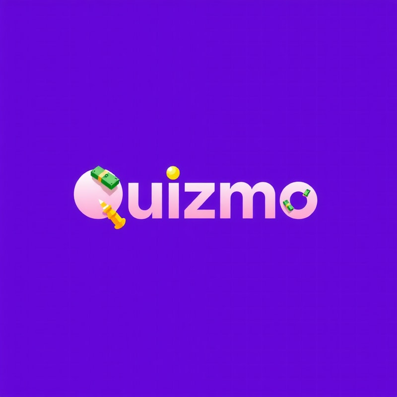 Design a modern and vibrant logo for a trivia game called ‘Quizmo.’ The logo prominently features the word ‘Quizmo’ in a bold and clean Clash Grotesk typeface. The color palette includes a purple gradient as the base, complemented by gold and yellow accents to symbolize rewards and prizes. Integrate a creative combination of a question mark with elements like a dollar sign or a stack of cash. The design should convey excitement, competition, and success, with a minimalist and professional aesthetic that highlights the reward-driven nature of the game.