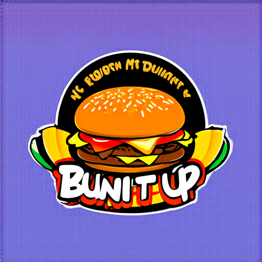 Professional logo design. logo for a cafe named BUN IT UP with bun and fillings inside with text like mc donalds and tagline flovours from around the world