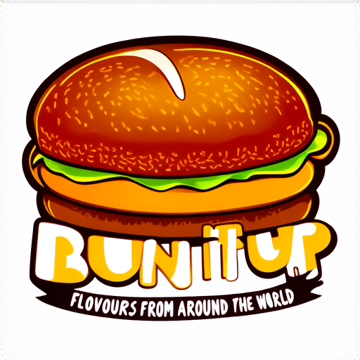 Professional logo design. logo for a cafe named BUN IT UP with bun and fillings inside with text like mc donalds and tagline flovours from around the world
