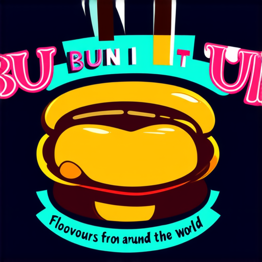 Professional logo design. logo for a cafe named BUN IT UP with bun and fillings inside with text like mc donalds and tagline flovours from around the world