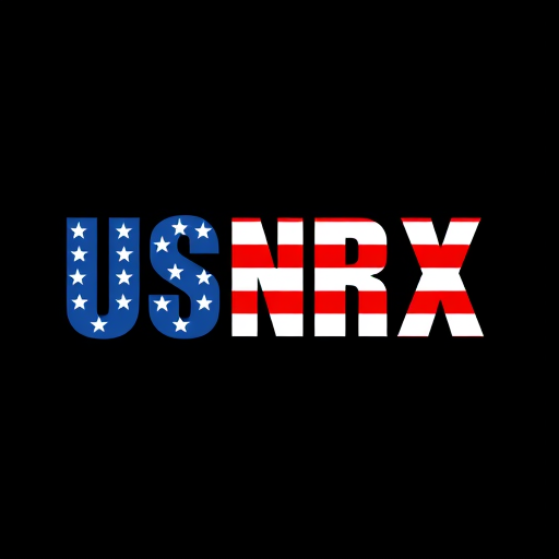 Professional logo design. Create a bold typographic logo featuring the letters 'USNRX' filled with the American flag design. The upper portions of the letters should include white stars on a blue background, and the lower portions should display alternating red and white stripes. The background should be black to make the flag colors stand out. The logo should be bold, clear, and striking, representing a patriotic theme.