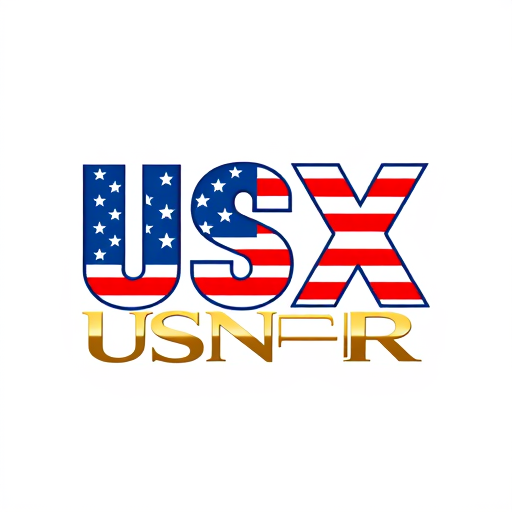 Professional logo design. A logo featuring the letters 'USNRX' with a patriotic theme. The letters 'U', 'S', and 'X' are filled with the American flag design, showing white stars on a blue background in the top section and red and white stripes in the bottom section. The red and white stripes are slanted slightly upwards for a dynamic look. The letters 'N' and 'R' are in metallic gold, with a sleek, modern design. The background is white, allowing the colors and design to stand out clearly.