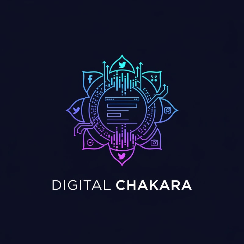 Create a beautiful, modern, and professional logo for a digital marketing and social media company named “Digital Chakara”. The logo should include a futuristic chakra symbol combined with digital elements like social media icons, website grids, pixels, data waves, and growth lines. The chakra should look dynamic, energetic, and tech-focused. Use modern gradient colors like electric blue, neon purple, cyan, and dark navy background. The style should be minimal, clean, elegant, and startup-friendly. Include stylish modern typography. High-quality vector logo, suitable for Instagram, website, business cards, and branding.