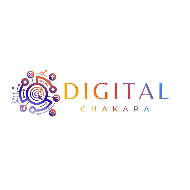 Modify this logo for ‘Digital Chakara’. Enhance the circle icon by adding minimal digital marketing elements such as social media network nodes, small abstract icons representing Instagram, Facebook, advertising, and website development. Include subtle symbols like code brackets, growth arrows, and data connections inside the circle. Keep the design clean, modern, and minimal. Do not overcrowd the logo. Use the same gradient color style and futuristic look. The final design should look premium, innovative, and scalable for global branding.