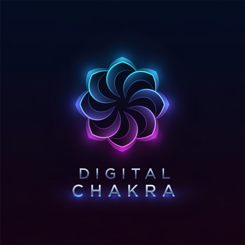 Create a sleek and luxury modern logo for “Digital Chakara”. The logo should feature a minimal digital chakra symbol with abstract tech patterns, smooth gradients, and glowing effects. Use dark mode colors with neon blue, purple, and cyan highlights. Elegant typography, simple, strong, and memorable. Suitable for global digital agency.