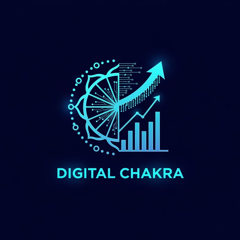 Design a modern logo for “Digital Chakara”. The logo should show a digital chakra wheel transforming into a growth arrow and data chart. Include technology symbols like network nodes, coding lines, and digital patterns. Use dark blue, cyan, and gradient glowing effects. The style should be bold, startup, and futuristic. Clean vector logo, minimal but powerful.