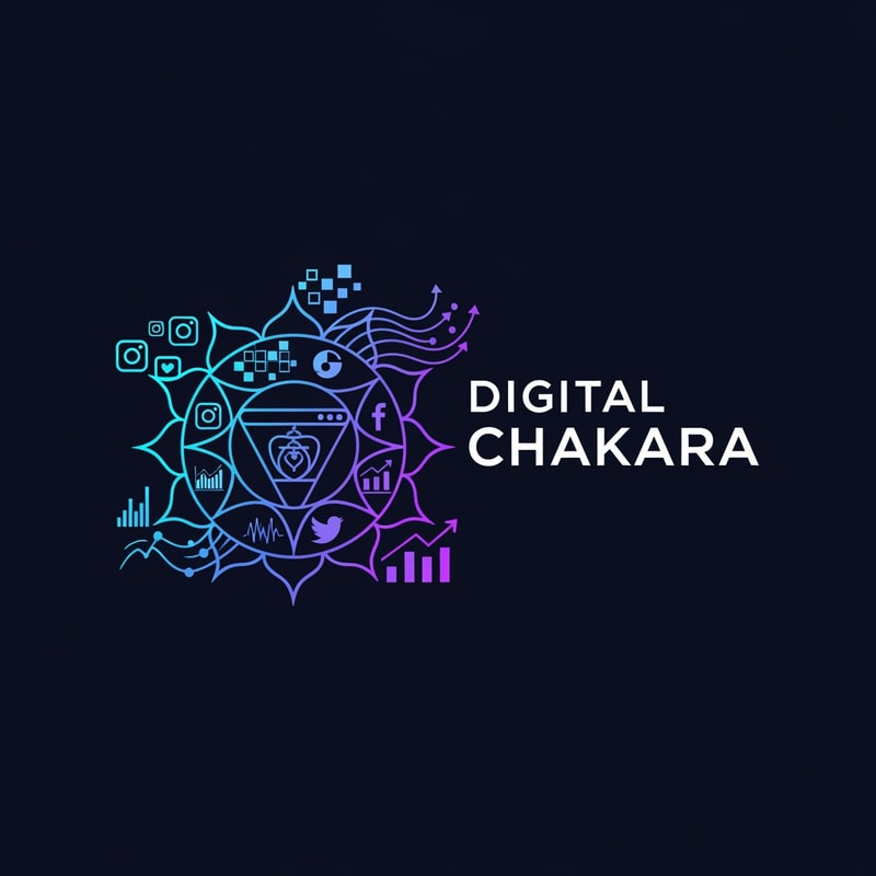Create a beautiful, modern, and professional logo for a digital marketing and social media company named “Digital Chakara”. The logo should include a futuristic chakra symbol combined with digital elements like social media icons, website grids, pixels, data waves, and growth lines. The chakra should look dynamic, energetic, and tech-focused. Use modern gradient colors like electric blue, neon purple, cyan, and dark navy background. The style should be minimal, clean, elegant, and startup-friendly. Include stylish modern typography. High-quality vector logo, suitable for Instagram, website, business cards, and branding.