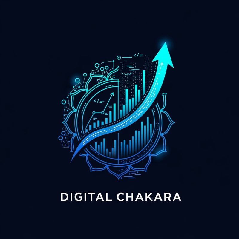 Design a modern logo for “Digital Chakara”. The logo should show a digital chakra wheel transforming into a growth arrow and data chart. Include technology symbols like network nodes, coding lines, and digital patterns. Use dark blue, cyan, and gradient glowing effects. The style should be bold, startup, and futuristic. Clean vector logo, minimal but powerful.