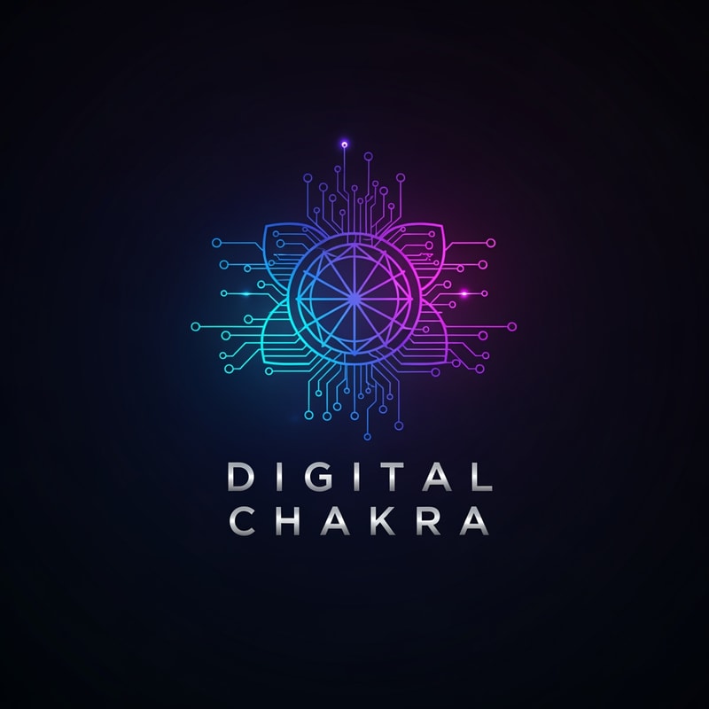 Create a sleek and luxury modern logo for “Digital Chakara”. The logo should feature a minimal digital chakra symbol with abstract tech patterns, smooth gradients, and glowing effects. Use dark mode colors with neon blue, purple, and cyan highlights. Elegant typography, simple, strong, and memorable. Suitable for global digital agency.