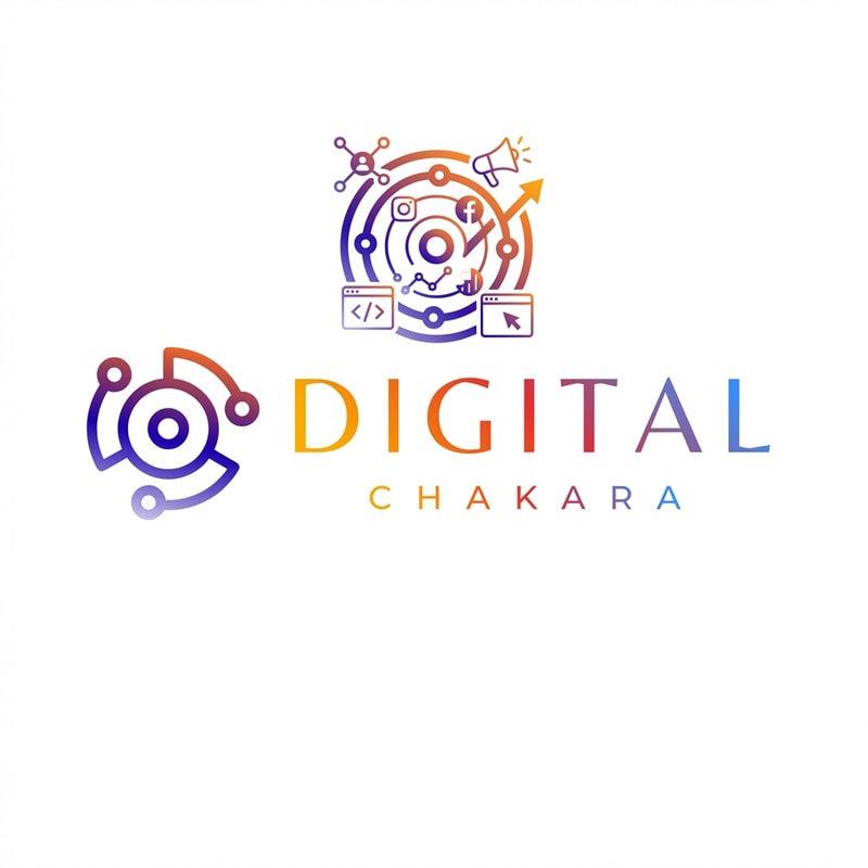 Modify this logo for ‘Digital Chakara’. Enhance the circle icon by adding minimal digital marketing elements such as social media network nodes, small abstract icons representing Instagram, Facebook, advertising, and website development. Include subtle symbols like code brackets, growth arrows, and data connections inside the circle. Keep the design clean, modern, and minimal. Do not overcrowd the logo. Use the same gradient color style and futuristic look. The final design should look premium, innovative, and scalable for global branding.