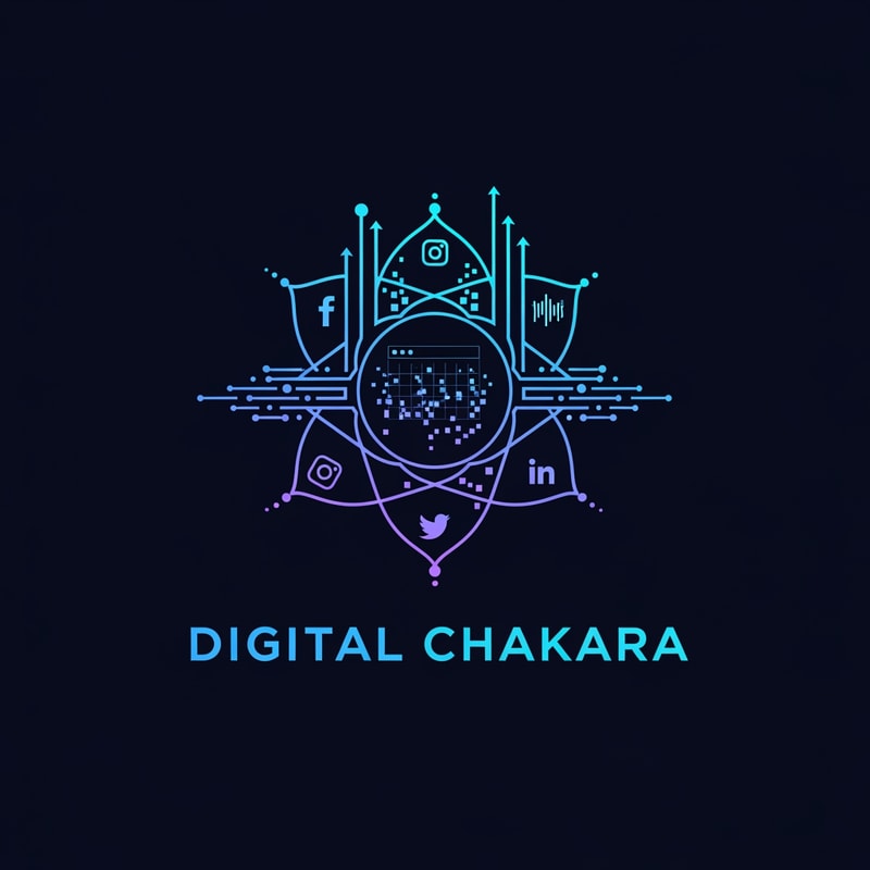 Create a beautiful, modern, and professional logo for a digital marketing and social media company named “Digital Chakara”. The logo should include a futuristic chakra symbol combined with digital elements like social media icons, website grids, pixels, data waves, and growth lines. The chakra should look dynamic, energetic, and tech-focused. Use modern gradient colors like electric blue, neon purple, cyan, and dark navy background. The style should be minimal, clean, elegant, and startup-friendly. Include stylish modern typography. High-quality vector logo, suitable for Instagram, website, business cards, and branding.