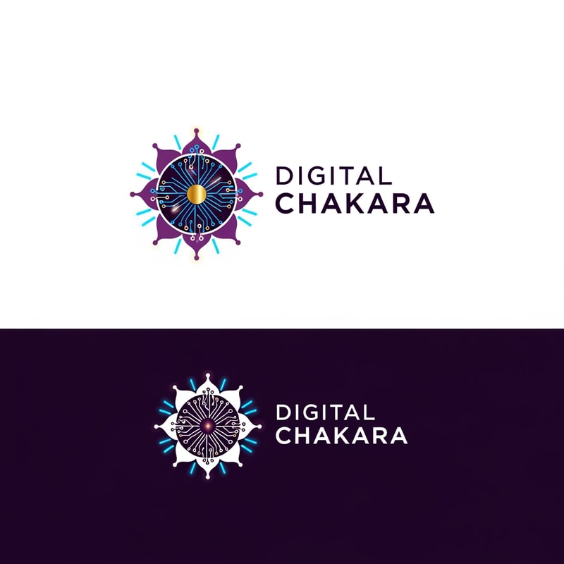 Create a modern, futuristic, minimal logo for a digital marketing and technology company named ‘Digital Chakara’. The design should combine a tech chakra symbol with digital elements like circuits, pixels, and glowing lines. Use a sleek, premium, and innovative style. Color palette: deep purple, neon blue, and gold. Clean typography, modern sans-serif font. Flat design, professional, scalable, high contrast, white and dark background versions.