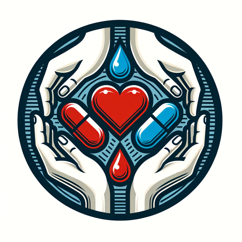 Professional logo design. Create a circular logo featuring three human hands forming a protective circle around three key medical symbols:A red heart – Symbolizing love, care, and well-being.A red and blue capsule – Representing medicine, treatment, and healthcare.A red blood drop – Signifying blood donation, life, and vitality.The design should replicate the exact composition of the provided reference, maintaining the same placement, proportions, and color scheme. The hands should appear natural, gently curving around the three elements to convey a sense of protection, support, and unity in healthcare. The background should remain clean to ensure clarity and professionalism.