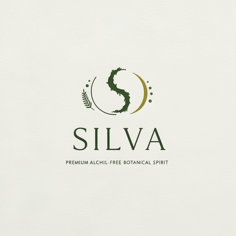 "SILVA" premium alcohol-free botanical spirit logo, inspired by mossy woodland air and mindful stillness. Minimal sacred forest symbolism — a flowing organic S like a moss strand, paired with a crescent citrus arc and subtle fern dots. Soft breathing-line rhythm, forest mist energy. Elegant thin serif typography, refined contrast, high-end editorial luxury like Aesop + Le Labo + Maison Margiela. Quiet, grounded, contemplative tone, no literal trees, no loud nature clichés. Monoline, natural curves, gentle negative space, misty calm. Forest green, fog grey, muted citrus accents. Embossed texture, subtle grain. Ultra-minimal, poetic, new luxury nature aesthetic. Branding mark, emblem + wordmark, high resolution, vector clean, no gradients, no cartoon style.