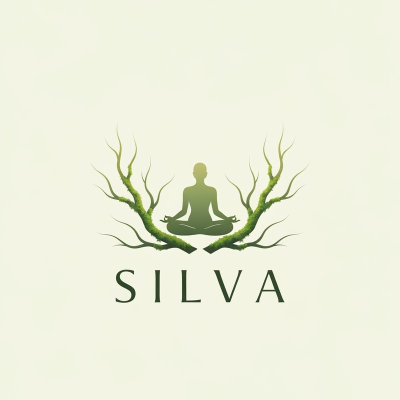 A balanced, symmetrical emblem inspired by sacred forest energy — minimal linework forming intertwined moss-covered branches and a subtle meditative human silhouette at the center, soft gradients like morning woodland light, modern refined luxury style, calm natural elegance — brand name “SILVA” in elegant serif, spacing wide and airy, composition balanced like Zen symbol, premium botanical wellness feel, cinematic mood, moss green + muted earth tones.