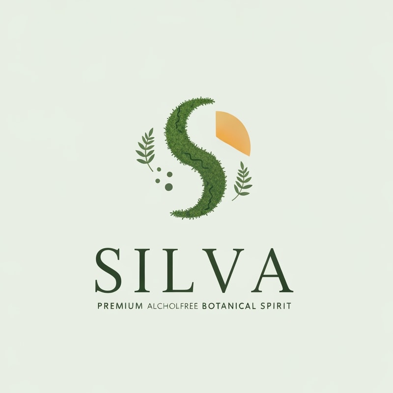 "SILVA" premium alcohol-free botanical spirit logo, inspired by mossy woodland air and mindful stillness. Minimal sacred forest symbolism — a flowing organic S like a moss strand, paired with a crescent citrus arc and subtle fern dots. Soft breathing-line rhythm, forest mist energy. Elegant thin serif typography, refined contrast, high-end editorial luxury like Aesop + Le Labo + Maison Margiela. Quiet, grounded, contemplative tone, no literal trees, no loud nature clichés. Monoline, natural curves, gentle negative space, misty calm. Forest green, fog grey, muted citrus accents. Embossed texture, subtle grain. Ultra-minimal, poetic, new luxury nature aesthetic. Branding mark, emblem + wordmark, high resolution, vector clean, no gradients, no cartoon style.