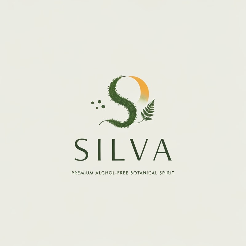 "SILVA" premium alcohol-free botanical spirit logo, inspired by mossy woodland air and mindful stillness. Minimal sacred forest symbolism — a flowing organic S like a moss strand, paired with a crescent citrus arc and subtle fern dots. Soft breathing-line rhythm, forest mist energy. Elegant thin serif typography, refined contrast, high-end editorial luxury like Aesop + Le Labo + Maison Margiela. Quiet, grounded, contemplative tone, no literal trees, no loud nature clichés. Monoline, natural curves, gentle negative space, misty calm. Forest green, fog grey, muted citrus accents. Embossed texture, subtle grain. Ultra-minimal, poetic, new luxury nature aesthetic. Branding mark, emblem + wordmark, high resolution, vector clean, no gradients, no cartoon style.