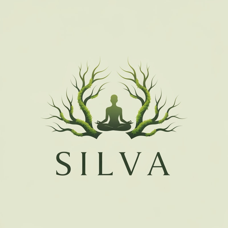 A balanced, symmetrical emblem inspired by sacred forest energy — minimal linework forming intertwined moss-covered branches and a subtle meditative human silhouette at the center, soft gradients like morning woodland light, modern refined luxury style, calm natural elegance — brand name “SILVA” in elegant serif, spacing wide and airy, composition balanced like Zen symbol, premium botanical wellness feel, cinematic mood, moss green + muted earth tones.