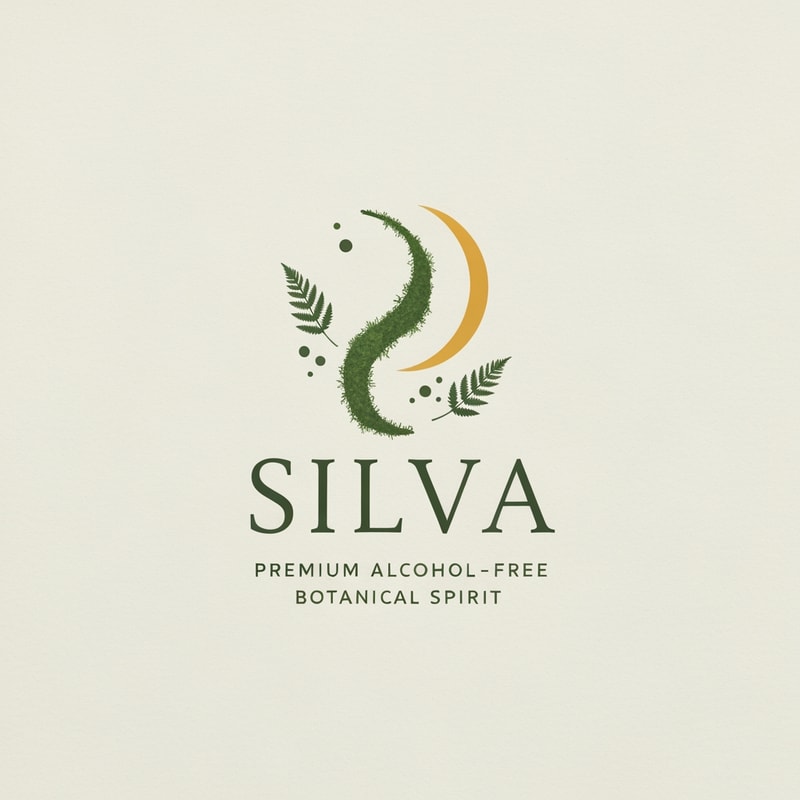 "SILVA" premium alcohol-free botanical spirit logo, inspired by mossy woodland air and mindful stillness. Minimal sacred forest symbolism — a flowing organic S like a moss strand, paired with a crescent citrus arc and subtle fern dots. Soft breathing-line rhythm, forest mist energy. Elegant thin serif typography, refined contrast, high-end editorial luxury like Aesop + Le Labo + Maison Margiela. Quiet, grounded, contemplative tone, no literal trees, no loud nature clichés. Monoline, natural curves, gentle negative space, misty calm. Forest green, fog grey, muted citrus accents. Embossed texture, subtle grain. Ultra-minimal, poetic, new luxury nature aesthetic. Branding mark, emblem + wordmark, high resolution, vector clean, no gradients, no cartoon style.