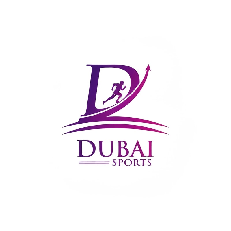 Professional logo design. Elegant logo for "Dubai Sports", vector illustration, abstract. The design features a sophisticated, ascending arc that stylistically represents the letter 'D' and a running track. A minimalist figure of an athlete is integrated into the arc, running upwards along its path. Subtle, wave-like horizontal lines form the base of the arc. The color palette is a sophisticated gradient from royal purple to magenta. The text 'DUBAI SPORTS' is in a sleek, modern font with elegant calligraphic influences. Premium, luxurious feel, isolated on a white background.