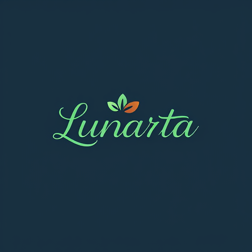 Professional logo design. simple, natural with the name "Lunarta" elegant, graceful, dominant colors green, blue, brown with a dark blue background color with an informal font 