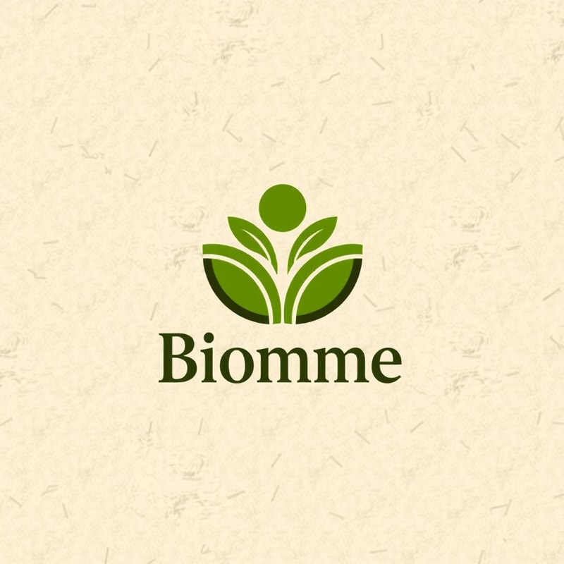 Emblem for an organic product company named "Biomme": a stylized leaf intertwined with a human silhouette, earthy greens and browns, organic sans-serif typography. Design with a natural and sustainable influence, incorporating textures that evoke the earth and nature, and a textured background resembling recycled paper.