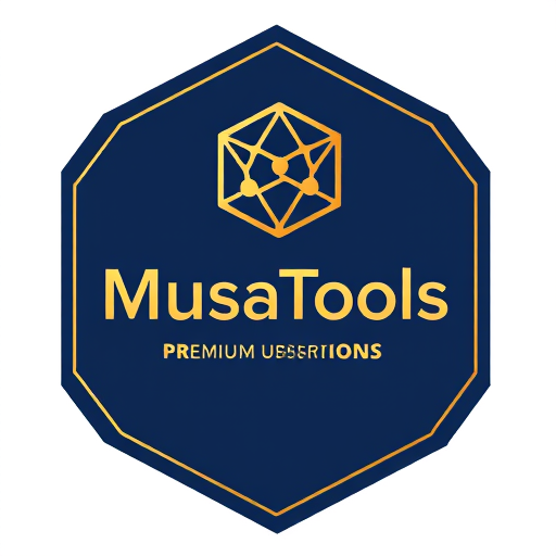 Professional logo design. A premium, high-resolution logo inside a clean hexagon outline. The brand name MusaTools in bold, modern typography with a deep navy blue to gold gradient. Above the text, a futuristic abstract hexagon network icon with golden highlights. Below the name, the tagline Premium Subscriptions in elegant gold font. The design should feel luxurious, professional, and attractive for business buyers