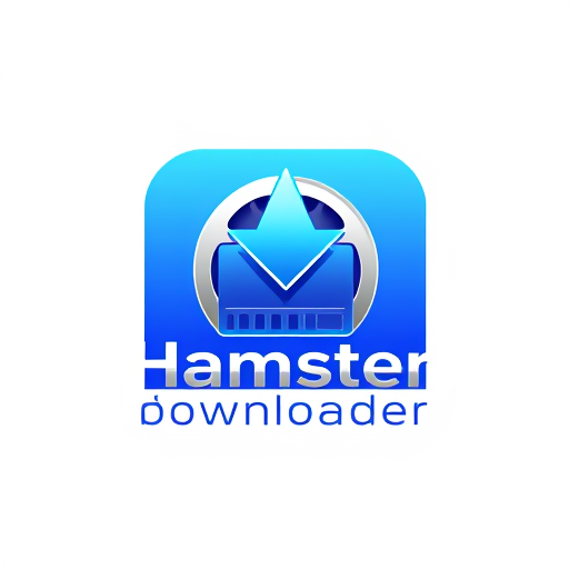 Professional logo design. Pictorial logo for a video downloader app named "Hamster Downloader": A stylized download arrow integrated with a film reel, vibrant blue and silver color palette, modern sans-serif typography. Design with a tech-forward and user-friendly style direction, sleek and smooth visual execution, and a transparent background.