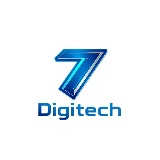 Professional logo design. Character logo for a tech startup named "Digitech": Bold digit 7 with a futuristic design, vibrant blue and silver color palette, modern sans-serif typography. Design inspired by innovation and digital evolution, featuring sharp angles and sleek lines, set against a gradient background.