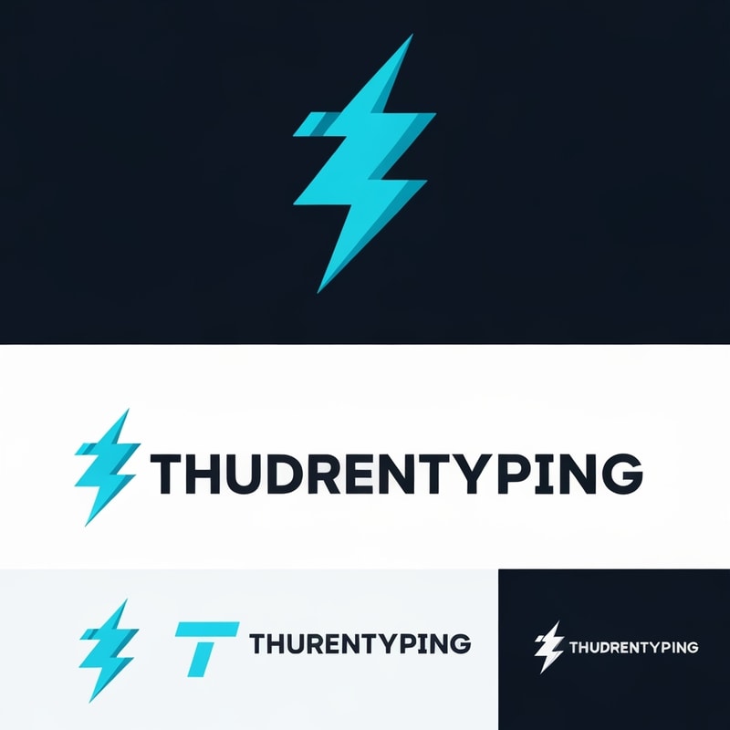 Professional logo design. Minimalist ultra-futuristic logo for "thundertyping". Single, bold lightning-bolt + subtle "T" monogram integration. Clean geometric shapes, negative space, sharp angles, high contrast, single-color primary (electric cyan) with optional dark/white variants. Very simplified lines so it vectorizes easily — no photo textures, no gradients that break into noise, focus on flat shapes and crisp outlines. Provide icon-only, stacked wordmark, and horizontal wordmark variations on transparent background. Output high resolution PNGs with transparent background.