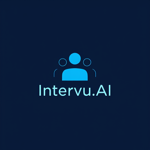 Professional logo design. Pictorial logo for an AI-powered interview application named "Intervu.AI": an abstract representation of a audience integrated with a digital element, deep blue and black color palette, modern sans-serif typography. Design with a tech-forward influence and sleek, professional style direction, focus on clean lines and balance, and a simple, solid background.
