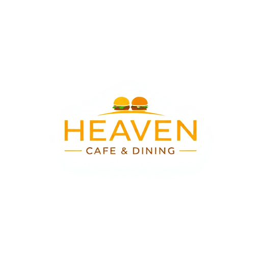 Professional logo design. HEAVEN CAFE & DINING LOGO — MINIMALIST DESIGN, WHITE AND YELLOW COLOR PALETTE, WARM AND INVITING LIGHTING, MODERN AND SLEEK STYLE, SMALL BURGERS AS ADDITIONAL VISUAL ELEMENTS, SIMPLE WHITE BACKGROUND. high quality in pdf 