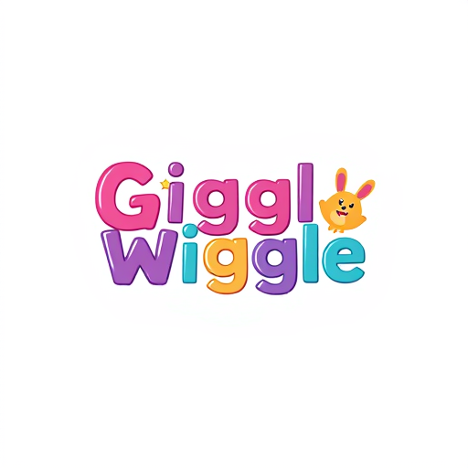 Professional logo design. Create a flat vector, illustrative-style wordmark logo design for a kid's unique clothing brand named 'Giggle Wiggle', where each letter is stylized to represent a different playful character (e.g., a bunny, a bear, etc.) within the word. Integrate vibrant colors including bright pink, purple, and turquoise to create a fun and inviting vibe against a white background. Do not show any realistic photo detail shading.