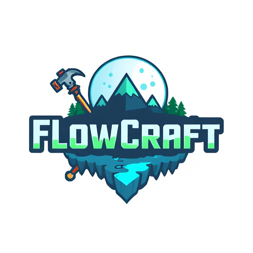 Professional logo design. so the server name is FlowCraft we are a geopl server themed with A moon in a logo make it minecrft theme with sword pickaxe and etc