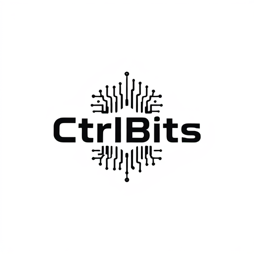 Professional logo design. Emblem for a tech startup named "CtrlBits": A modern and sleek digital circuit design intertwined with the brand name, black and white, sans-serif font with rounded edges. Design with a futuristic and innovative influence, clean lines and a symmetrical layout, and a white background.