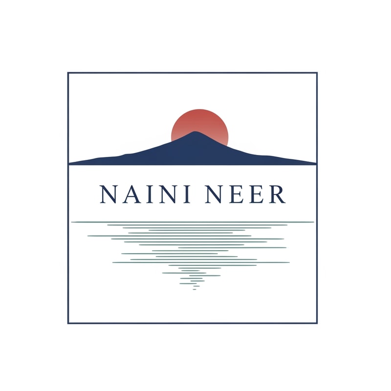 “Create a Japanese-inspired minimal SQUARE logo for NAINI NEER.
Inside the square, illustrate a calm lake using thin zen-style brush waves, a soft single mountain silhouette, and a warm circular sun behind it.
Use muted premium colors: teal, navy, soft red-sun accents.
Place the text NAINI NEER centered within the square in clean minimalist serif typography.
Keep everything ultra minimal, balanced, and peaceful. No tagline.”