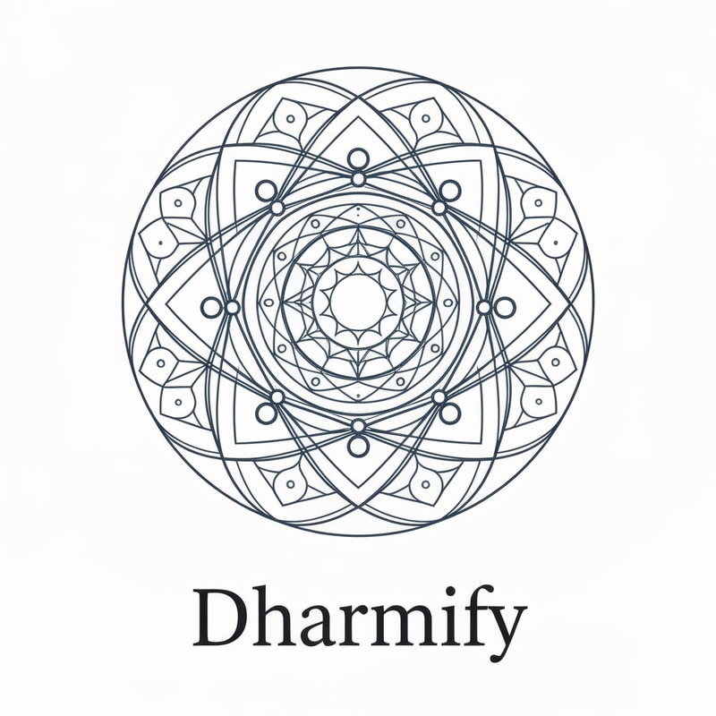 A circular mandala built with geometric nodes and lines, resembling both a sacred design and a digital network. It conveys ancient wisdom adapted to today’s digital platforms. “Dharmify” sits below in calm lowercase type, emphasizing accessibility and peace.
