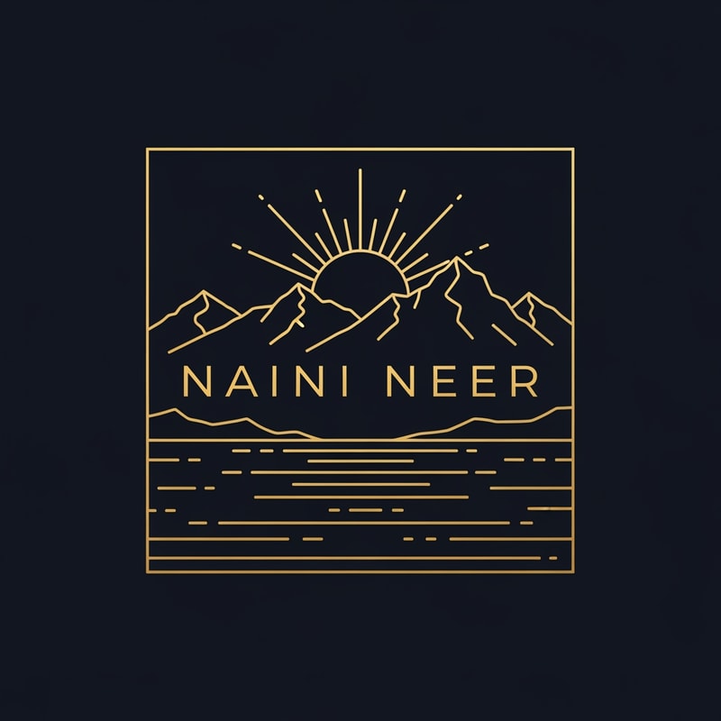 “Design a luxury SQUARE logo for NAINI NEER using only thin gold line art.
Inside the square, draw minimal outlines of a calm lake, mountain peaks, and a rising sun using elegant gold linework on a dark navy background.
Place the text NAINI NEER centered inside the square in gold serif typography, perfectly aligned with the illustration.
Style should feel premium, modern, and exclusive. No gradients, no tagline.”