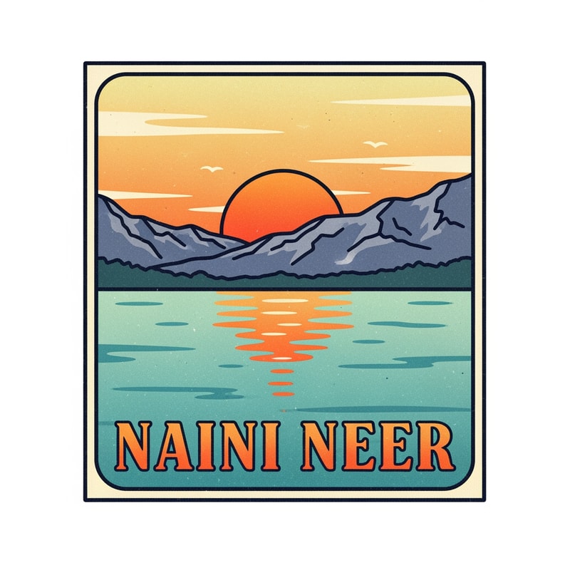 “Design a retro travel-postcard inspired SQUARE logo for NAINI NEER.
Inside the square, illustrate a lake scene with warm vintage tones: soft teal water, orange sun, textured mountains, and faded retro sky gradient.
Use thick outlines and soft grain texture for an old postcard effect.
Place the text NAINI NEER prominently in the CENTER of the square in bold classic typography.
Keep the vibe nostalgic but clean. No tagline.”